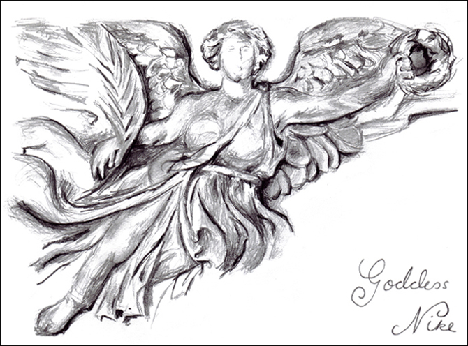 Goddess Nike at Ephesus drawn by Shem for this site.