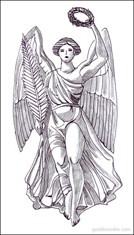Goddess Nike by Paionios drawn by Shem for this site. Referenced from A.S. Murray's 'The Manual of Mythology'.
